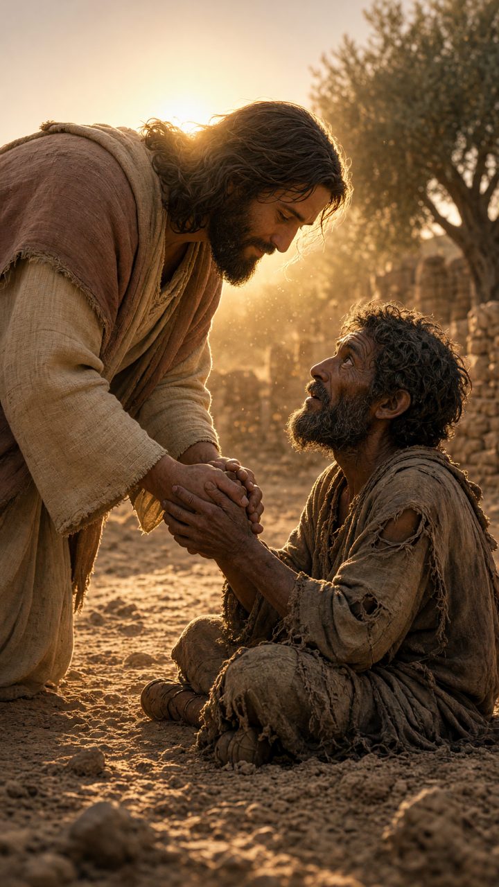 Jesus kneeling to help a poor man in warm evening light